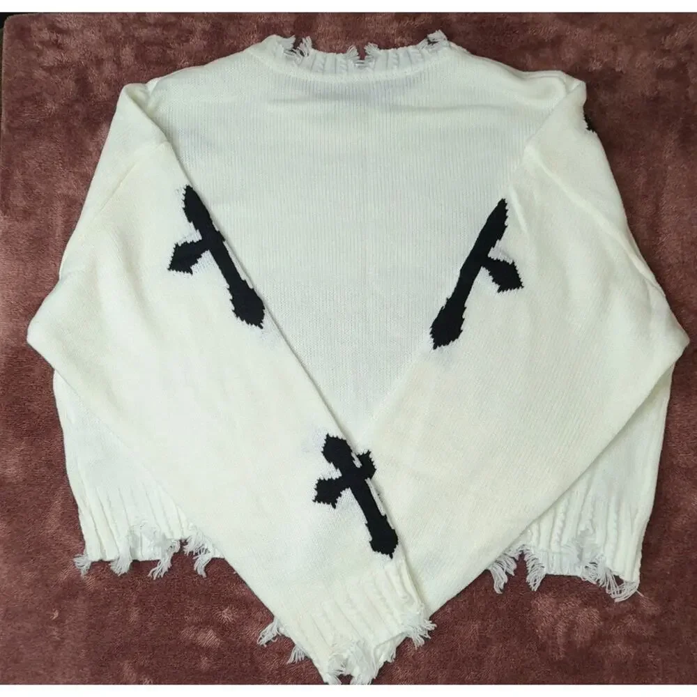 White Distressed Knit Sweater with Black Cross Details